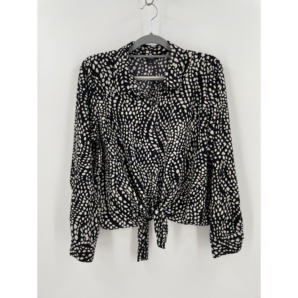Simply Vera‎ Vera Wang Black Ivory Abstract Print Tie Front Button Up Blouse L